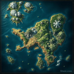 A detailed fantasy map of a large country with small islands surrounding it and a few mountains scattered throughout
