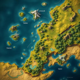 A detailed fantasy map of a large country with small islands surrounding it and a few mountains scattered throughout