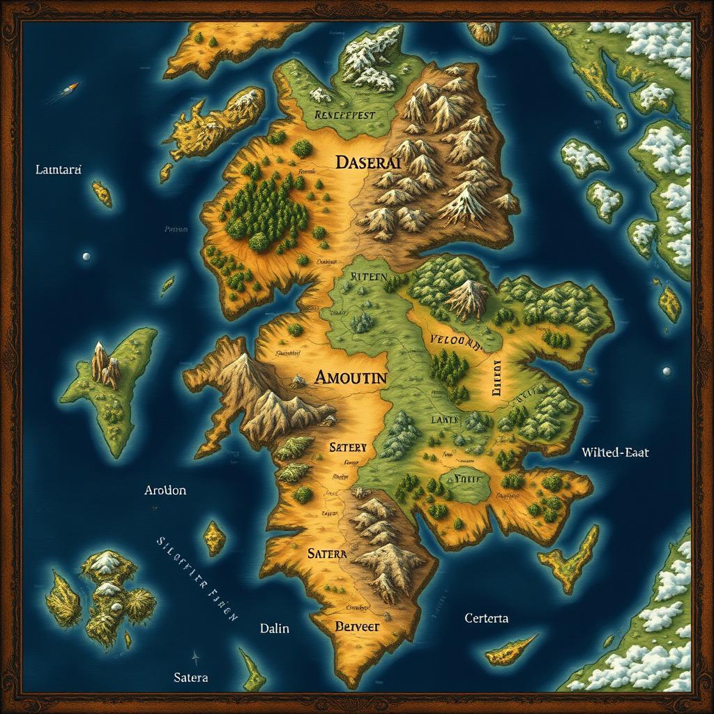 A detailed fantasy map of a large country with small islands surrounding it and a few mountains scattered throughout