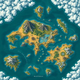 A beautifully detailed fantasy map of a large country surrounded by small islands, featuring a few mountains dispersed throughout