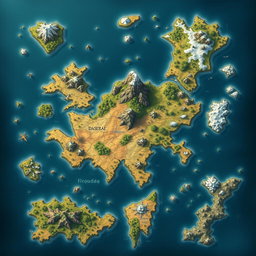 A beautifully detailed fantasy map of a large country surrounded by small islands, featuring a few mountains dispersed throughout