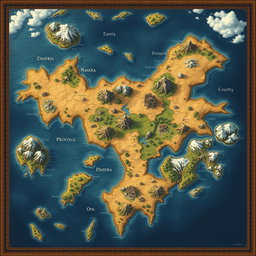 A beautifully detailed fantasy map of a large country surrounded by small islands, featuring a few mountains dispersed throughout