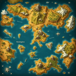 A beautifully detailed fantasy map of a large country surrounded by small islands, featuring a few mountains dispersed throughout