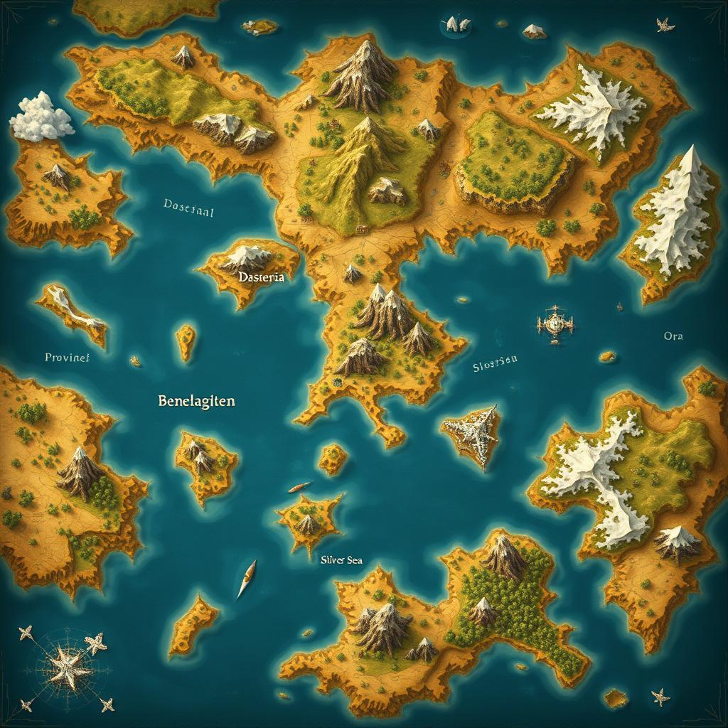 A beautifully detailed fantasy map of a large country surrounded by small islands, featuring a few mountains dispersed throughout