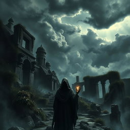 A dark, mystical landscape representing the essence of a civilization's curse