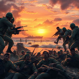 A dramatic scene depicting Cuban soldiers in military uniforms overpowering rebellious forces on a sunlit beach