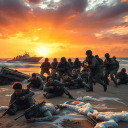 A dramatic scene depicting Cuban soldiers in military uniforms overpowering rebellious forces on a sunlit beach