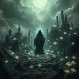 An otherworldly scene depicting the embodiment of a civilization's curse