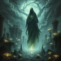 An otherworldly scene depicting the embodiment of a civilization's curse