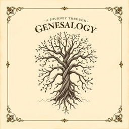 A beautifully designed genealogy book cover featuring a vintage family tree illustration with roots and branches intricately woven together
