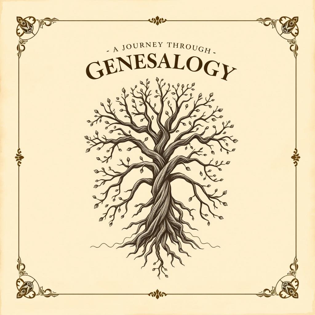 A beautifully designed genealogy book cover featuring a vintage family tree illustration with roots and branches intricately woven together