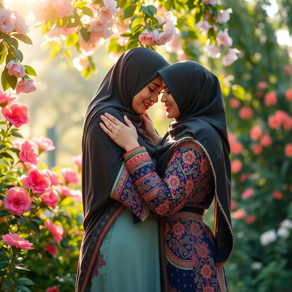 A beautiful depiction of two Muslim women in a tender embrace, showcasing their love and connection