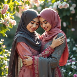 A beautiful depiction of two Muslim women in a tender embrace, showcasing their love and connection