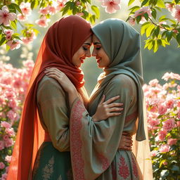 A beautiful depiction of two Muslim women in a tender embrace, showcasing their love and connection