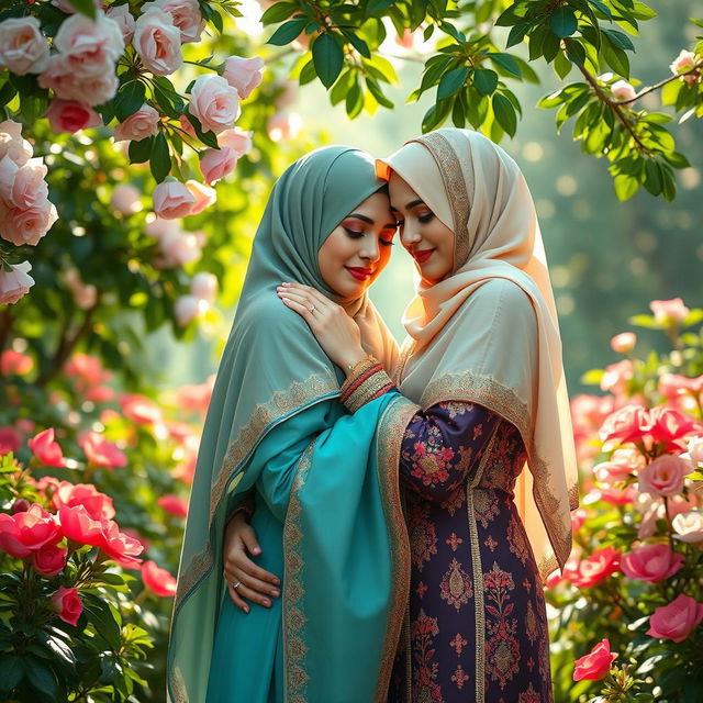 A beautiful depiction of two Muslim women in a tender embrace, showcasing their love and connection