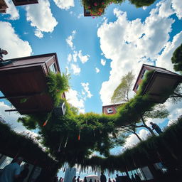A surreal scene of an upside down world where everything is inverted; buildings, trees, and clouds hanging from the sky, while people walk on the ceiling, creating a playful and whimsical atmosphere; the sky is bright blue with fluffy white clouds, and colorful flowers and grass are seen above