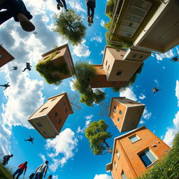 A surreal scene of an upside down world where everything is inverted; buildings, trees, and clouds hanging from the sky, while people walk on the ceiling, creating a playful and whimsical atmosphere; the sky is bright blue with fluffy white clouds, and colorful flowers and grass are seen above
