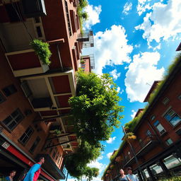 A surreal scene of an upside down world where everything is inverted; buildings, trees, and clouds hanging from the sky, while people walk on the ceiling, creating a playful and whimsical atmosphere; the sky is bright blue with fluffy white clouds, and colorful flowers and grass are seen above