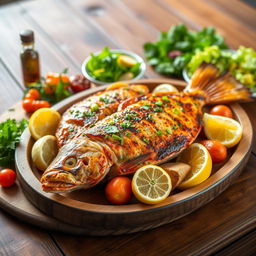 A stunning presentation of Iraqi-style Masgouf fish, beautifully grilled and garnished with fresh herbs