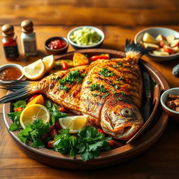 A stunning presentation of Iraqi-style Masgouf fish, beautifully grilled and garnished with fresh herbs