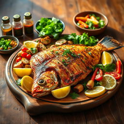 A stunning presentation of Iraqi-style Masgouf fish, beautifully grilled and garnished with fresh herbs