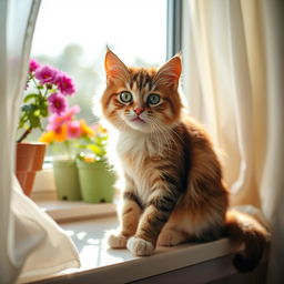 A cute domestic cat sitting gracefully on a sunny windowsill, with fluffy fur, bright green eyes, and a playful expression
