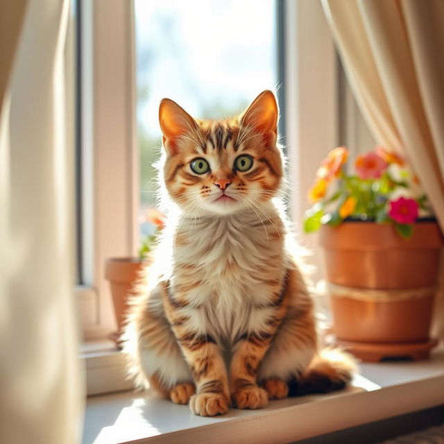 A cute domestic cat sitting gracefully on a sunny windowsill, with fluffy fur, bright green eyes, and a playful expression