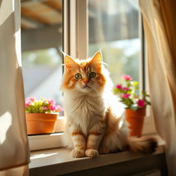 A cute domestic cat sitting gracefully on a sunny windowsill, with fluffy fur, bright green eyes, and a playful expression