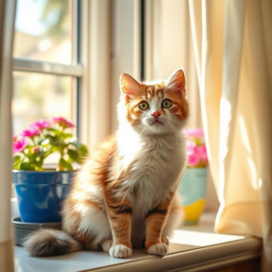 A cute domestic cat sitting gracefully on a sunny windowsill, with fluffy fur, bright green eyes, and a playful expression