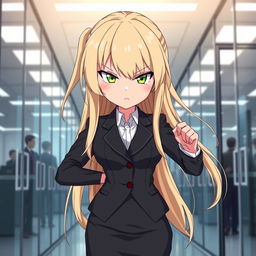 An anime girl with long, flowing blonde hair and striking green eyes, embodying a cute yet fierce expression