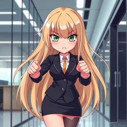 An anime girl with long, flowing blonde hair and striking green eyes, embodying a cute yet fierce expression