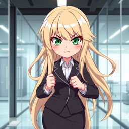 An anime girl with long, flowing blonde hair and striking green eyes, embodying a cute yet fierce expression