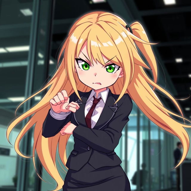 An anime girl with long, flowing blonde hair and striking green eyes, embodying a cute yet fierce expression