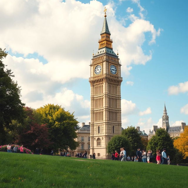 A beautiful view of a classic historical tower in London, with lush green grass in the foreground and vibrant flowers blooming around it