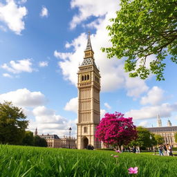 A beautiful view of a classic historical tower in London, with lush green grass in the foreground and vibrant flowers blooming around it