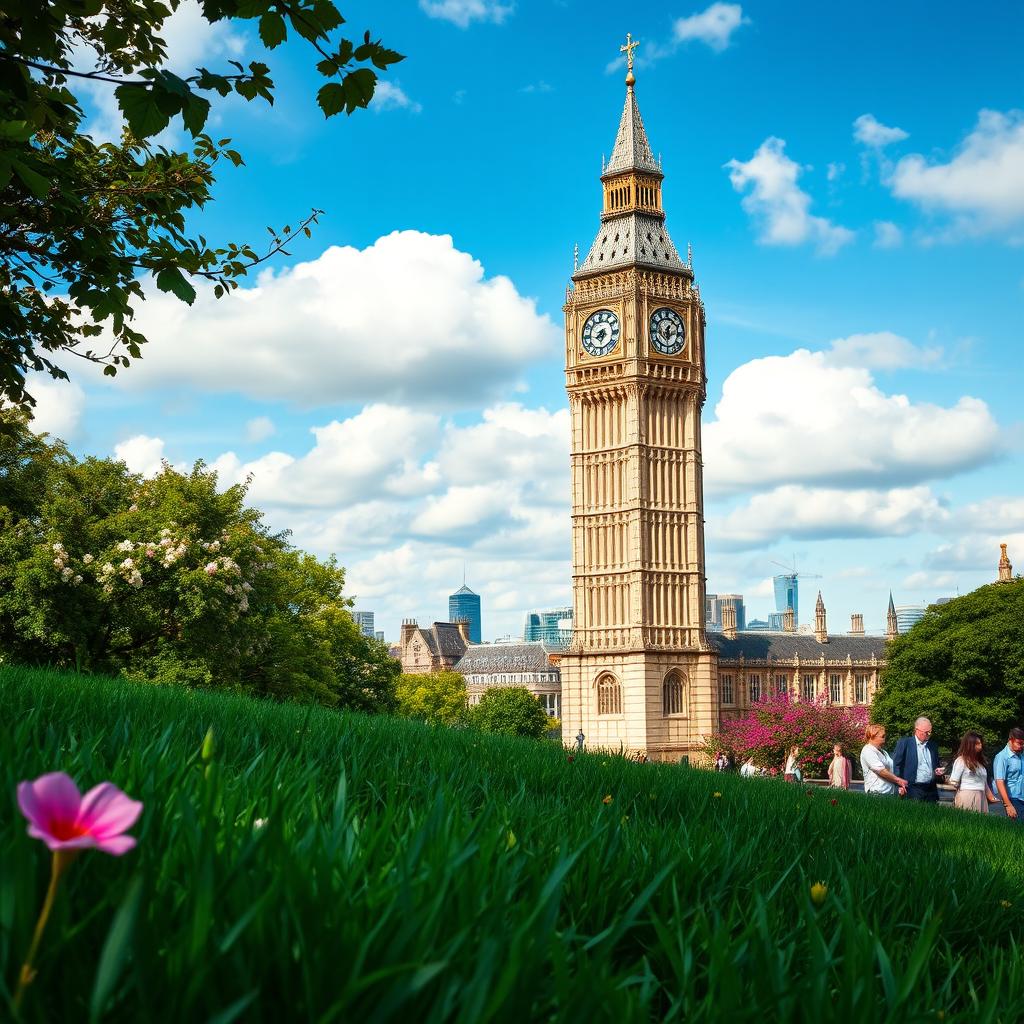 A beautiful view of a classic historical tower in London, with lush green grass in the foreground and vibrant flowers blooming around it