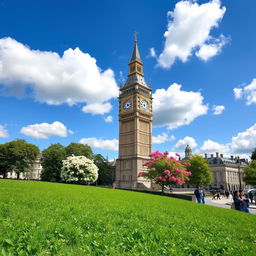 A beautiful view of a classic historical tower in London, with lush green grass in the foreground and vibrant flowers blooming around it