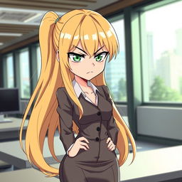 An anime girl with long, flowing blonde hair and striking green eyes, exuding a blend of cuteness and anger