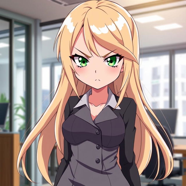 An anime girl with long, flowing blonde hair and striking green eyes, exuding a blend of cuteness and anger