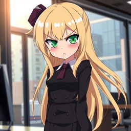 An anime girl with long, flowing blonde hair and striking green eyes, exuding a blend of cuteness and anger