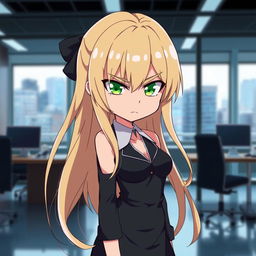 An anime girl with long, flowing blonde hair and striking green eyes, exuding a blend of cuteness and anger