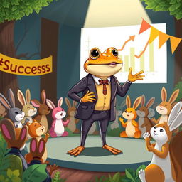 A whimsical scene featuring a cheerful, anthropomorphic toad dressed in a business suit, standing confidently on a stage with a bright spotlight
