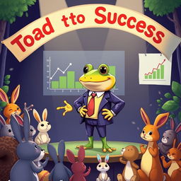 A whimsical scene featuring a cheerful, anthropomorphic toad dressed in a business suit, standing confidently on a stage with a bright spotlight