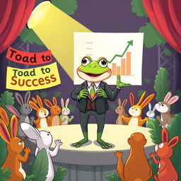 A whimsical scene featuring a cheerful, anthropomorphic toad dressed in a business suit, standing confidently on a stage with a bright spotlight