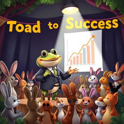 A whimsical scene featuring a cheerful, anthropomorphic toad dressed in a business suit, standing confidently on a stage with a bright spotlight