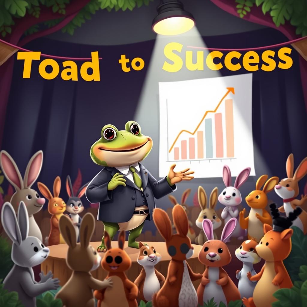 A whimsical scene featuring a cheerful, anthropomorphic toad dressed in a business suit, standing confidently on a stage with a bright spotlight