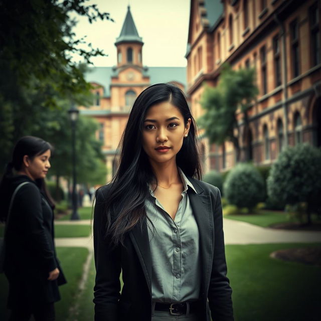A captivating scene set in a historic university campus with beautiful old buildings and lush greenery