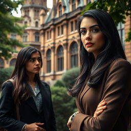 A captivating scene set in a historic university campus with beautiful old buildings and lush greenery