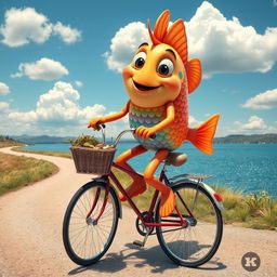 A whimsical scene featuring a colorful fish with vibrant scales and cartoonish legs riding a bicycle