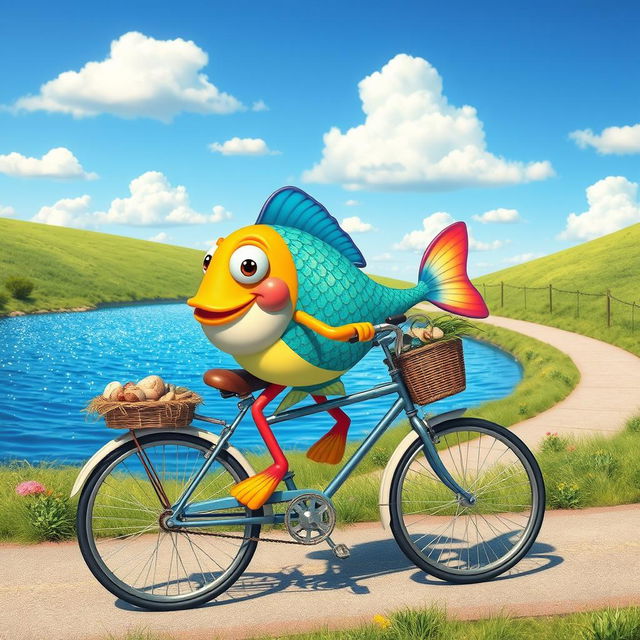 A whimsical scene featuring a colorful fish with vibrant scales and cartoonish legs riding a bicycle
